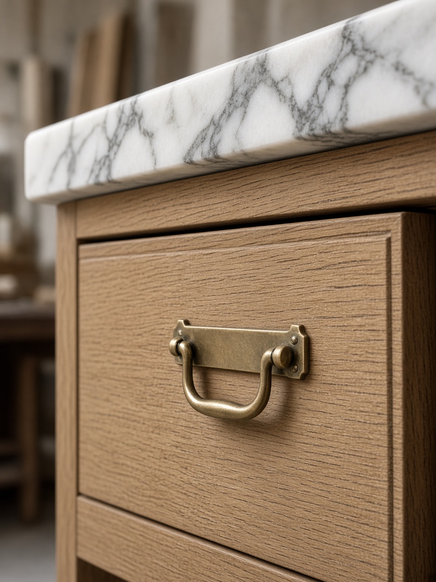 Oak furniture detail with a brass pull — a place for a trade conversation