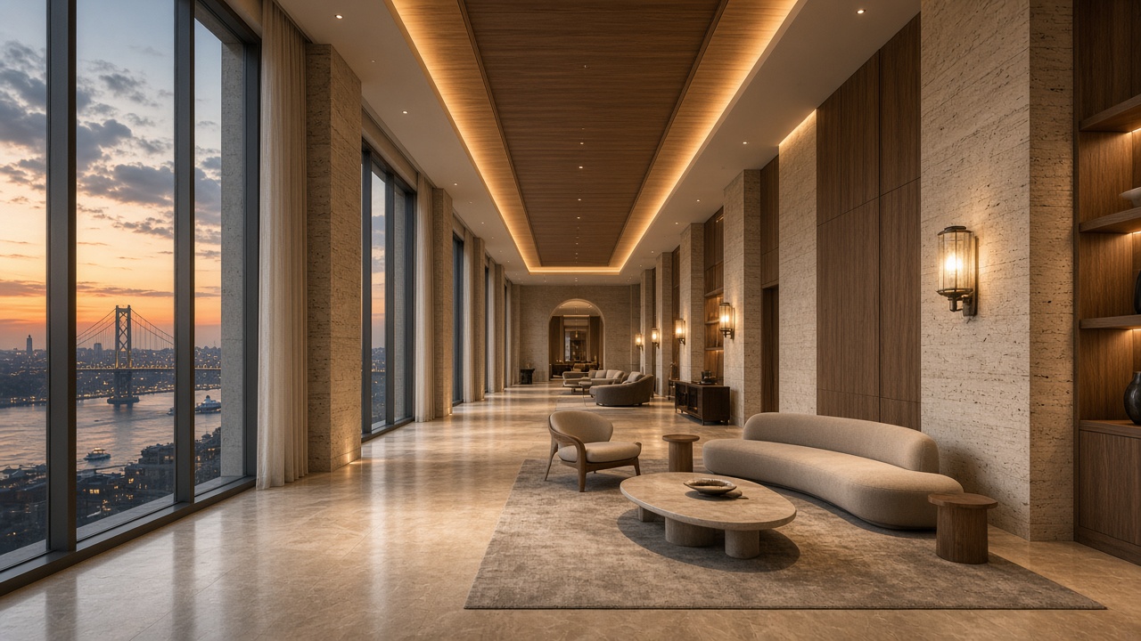 Luxury empty showroom at dusk — furniture, travertine and warm light