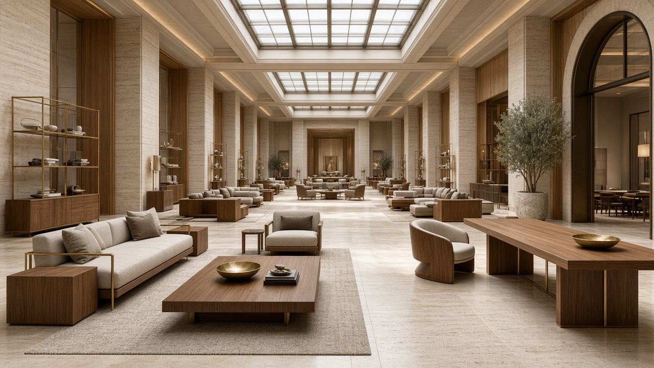 Luxury empty trade showroom gallery with oak, travertine and brass accents