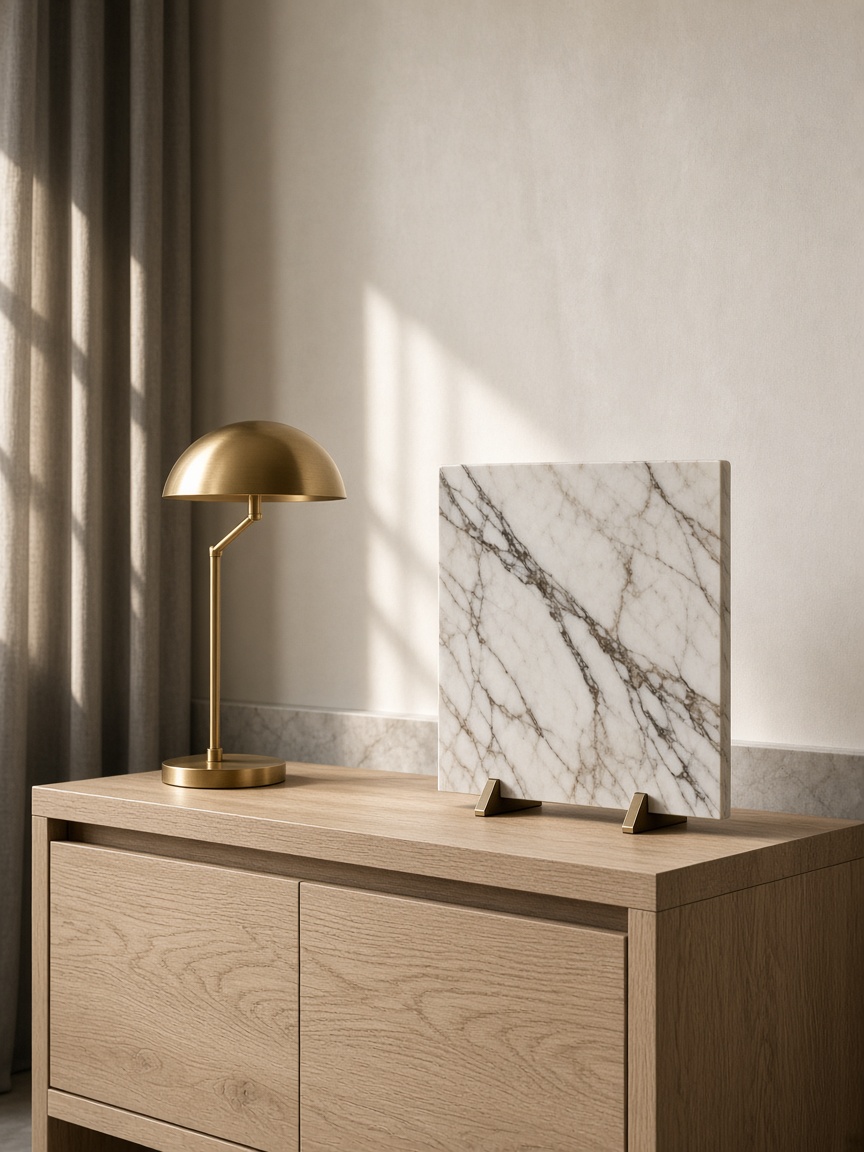 Oak console with a brass lamp and marble sample — commercial communication around the product