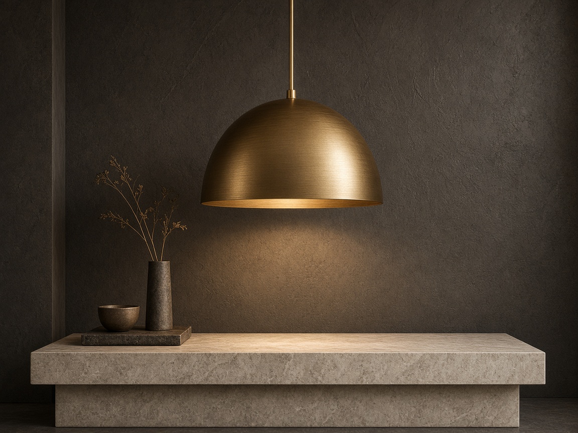 Brass pendant above a stone console — lighting category