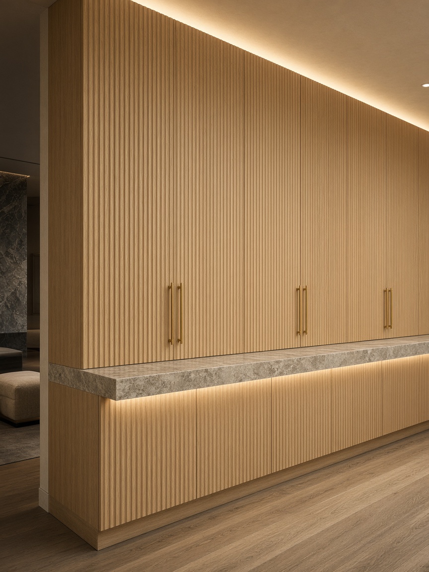 Built-in oak wall with brass handles — a direction for supplier sourcing